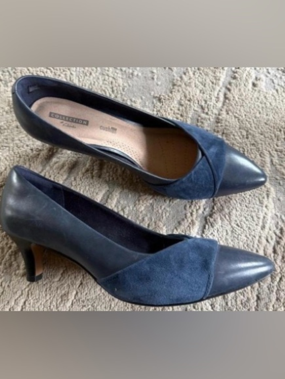 Clarks Navy Two-Material Pointed-Toe Pumps